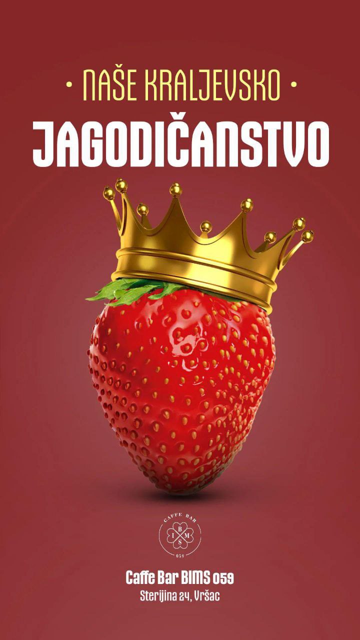 An image of a strawberry wearing a crown, advertising Caffe Bar BIMS, Vrsac