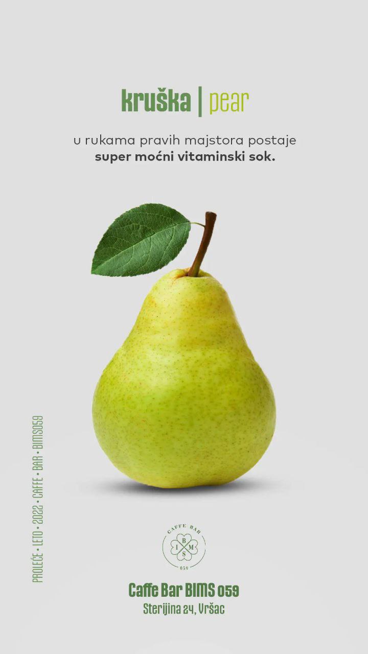 Image of a pear, advertisement for vitamin juice
